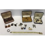 Costume jewellery, Wembley 1924 pin badge, gents cufflinks, ladies rings and clip on earrings and