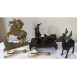 Japanese acrobat, missing partner, 19thC bronze deer, brass spurs with boot fittings and brass