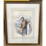 Watercolour painting in a gilt frame by James Hardy 1879 of an old lady farm hand. 24cm h x 16cm w.