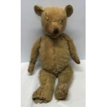 Plush fur teddy bear, well loved, wear to fur, missing eyes, threadbare holes to feet and hands,