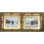 A pair of gilt framed watercolour paintings of Whitby Harbour signed. Each measuring 22.5cm w x 17.