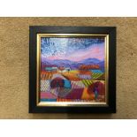 Framed acrylic painting, Kathleen Buchan, Pink Sunset. 18 w x 18cms h, signed bottom right.