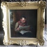 A good quality gilt framed oil painting on panel. Gentleman reading a newspaper. Unsigned. 42 h x