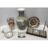 Mixed lot, Waterford Crystal glass, desk pen and clock stand, 30 w x 13cms, Royal Crown Derby Old