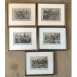 Set of five Victorian coloured engraving prints, Hunt Scenes by John Leech, circa 1848, each