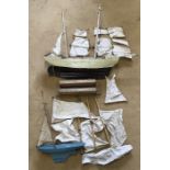 Triang tin plate pond yacht later painted, playworn, 37cms l and a homemade model sailing ship,