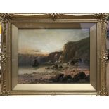 Gilt framed and glazed oil painting on canvas by Frank Hider of costal scene with sail boats. 46cm w