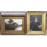 Gilt framed oil painting of country river scene, 29cm w x 19cm h. And a Victorian colour print