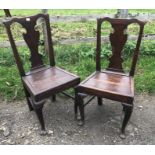 Pair of 18thC oak dining chairs, cabriole legs, pad feet, splat back, height to seat 46cms, height