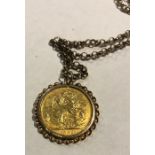 An 1893 gold sovereign in a 9ct gold mount on unmarked yellow metal chain. 21.6gms total.