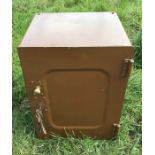 Small brown painted metal safe with key and carry handles to sides. 45 h x 35 w x 32cms d.