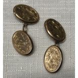 Pair of 9ct gold oval cufflinks, leaf engraved design, 16mm w, 3.5gms.