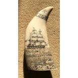 Whales tooth scrimshaw, engraved depicting Esteem the giver, 18cms l x 8cms width.