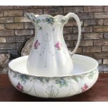 A Victorian wash jug and bowl with forget me nots and roses, Royal Staffordshire pottery,