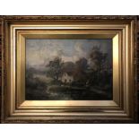 A 19thC oil on canvas cottage scene with figure in foreground in contemporary gilt frame. 24 x