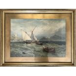 Gilt framed Pears print, coastal scene of sailing boats on choppy sea. 69cm w x 48cm l.