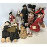 Collection of handmade costume dolls including Dickens characters, Styal apprentice dolls,