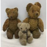 Three small plush fur straw filled teddy bears. 23cms h, 21cms and 10cms. Condition ReportPlayworn.