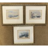 Set of three gilt framed small watercolours signed Frank V Norie of Costal scenes with figures on