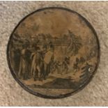 Papier mache snuff box with print of Napoleon crossing the Passage du Mont St. Bernard. 8.5cms d