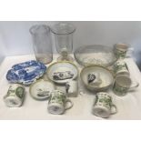 Mixed lot pottery and glassware, celery vase 23cms h, cut glass bowl, 29cms w, chipped inside