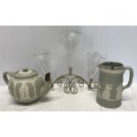 Dudson pottery green jasperware teapot, unmarked jasperware jug and an EPNS 3 branch epergne.