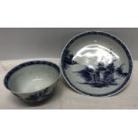 Nanking cargo Chinese blue and white Saki cup and saucer, saucer 11.5cms w, cup 4cms h with chips to