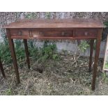 Edwardian mahogany hall side table, 3 drawers, square taper legs. 106 w x 50 d x 83cms h.