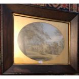 Framed 19thC watercolour of large house with trees to foreground in rosewood frame. Inscription to