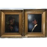 Pair of gilt framed oil paintings on board, portraits of gentlemen smoking, signed to the back Byron