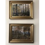 Pair oil on board woodland scenes, signed Peter Barker L.R. 21 x 30cms.