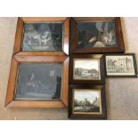 Six various prints framed in Rosewood and burr maple including 'The Sleepy Gatekeeper', 'Knocking