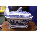 A BLUE & WHITE CHINESE WARE TUREEN DISH, with lid and canted sides, images of landscape with