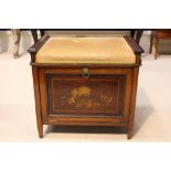 A GOOD ROSEWOOD INLAID PIANO SEAT, with fall front door, revealing music sheets & books within,