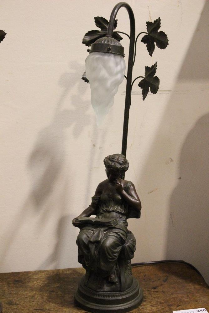 A TABLE LAMP, in the form of a seated lady reading a book, with foliage detail to the base, 22" tall