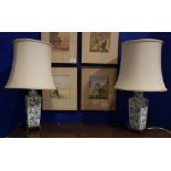 A PAIR OF FAMILLE VERTE STYLE TABLE LAMPS. each with floral and butterfly motif, porcelain 17" tall,