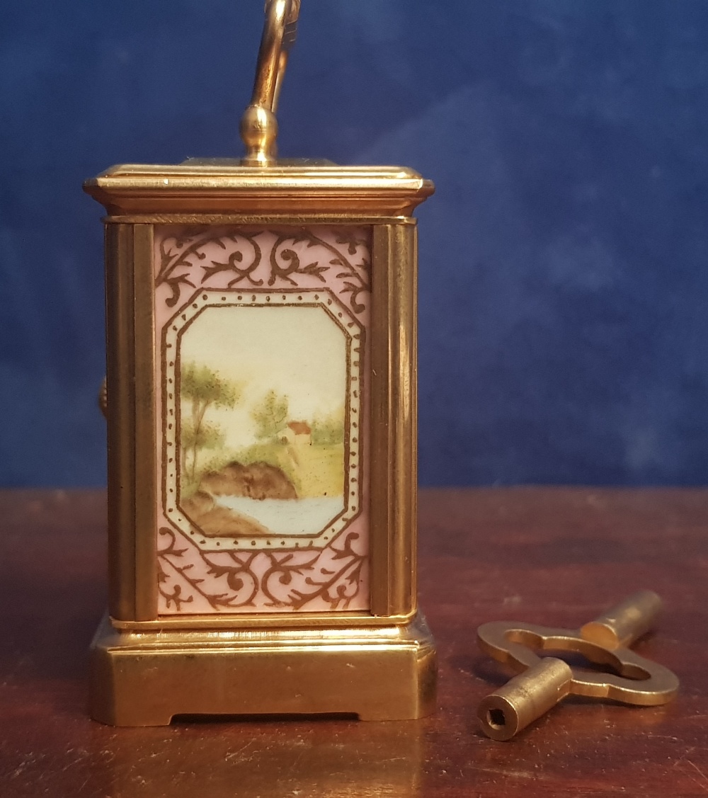 A MINIATURE BRACKET CLOCK, with picture panels and bevelled glass, key with the clock - Image 4 of 4