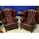 A PAIR OF GOOD QUALITY BUTTON BACKED LEATHER LIBRARY / WING BACK CHAIRS, 30"w x 40"h x 3ft deep,