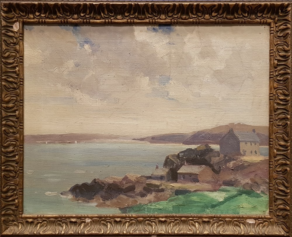 SAMUEL A. JAMES, "CARBIS BAY, CORNWALL", oil on canvas, unsigned, inscribed label verso, 18" x 14"