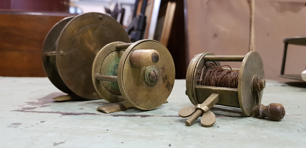 A COLLECTION OF BRASS FISHING REELS, 3 in lot, various sizes, - Image 2 of 2