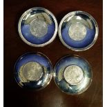 A SET OF FOUR STERLING SILVER DISHES WITH 18TH CENTURY AUSTRIAN COIN - coin details 1780 X Austria