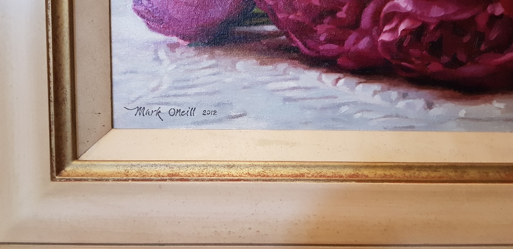 MARK O'NEILL, (IRISH B. 1963), "PEONY ROSES", oil on board, signed and dated 2012 lower left, 31" - Image 3 of 3