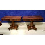 A VERY FINE PAIR OF ROSEWOOD SIDE TABLES, raised on graduated column support, sitting on a quadra