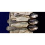 A CASED SET OF EARLY 19TH CENTURY IRISH SILVER SPOONS, makers mark RW possibly for Richard Whitford,