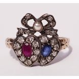 AN ANTIQUE 15CT YELLOW & WHITE GOLD RING, set with sapphire, ruby, diamond & seed pearls