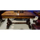 A VERY FINE ROSEWOOD WILLIAM IV LIBRARY TABLE, with two frieze drawers, raised on a pair of baluster