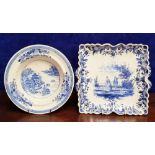 TWO BLUE & WHITE DISHES, (i) Delftware style dish, with shaped handles and scalloped rim,