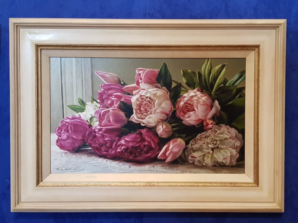 MARK O'NEILL, (IRISH B. 1963), "PEONY ROSES", oil on board, signed and dated 2012 lower left, 31"