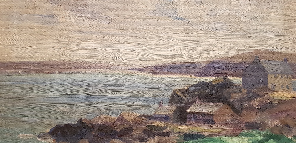 SAMUEL A. JAMES, "CARBIS BAY, CORNWALL", oil on canvas, unsigned, inscribed label verso, 18" x 14" - Image 2 of 3