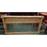 A VERY FINE 19TH CENTURY GILTWOOD OVERMANTLE MIRROR, three panelled, 5ft x 31" approx